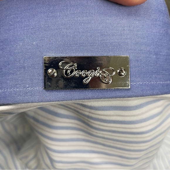 COOGIE LUXE Dress Shirt Mens M 15.5/16 White Blue Striped L/S Flip Cuff Logo - Picture 12 of 14